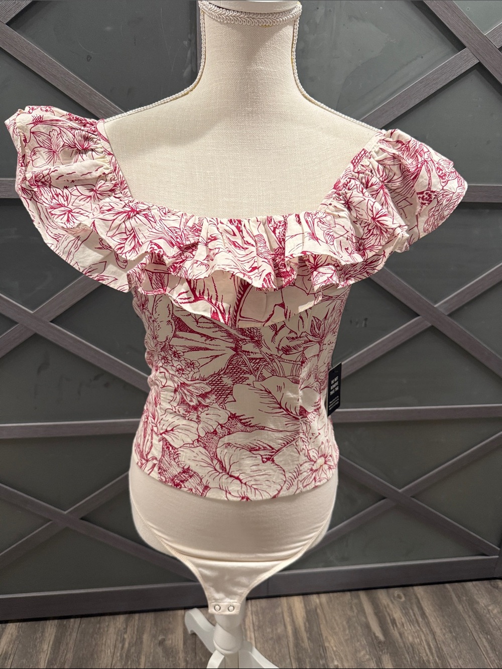 Express Cream and Berry Red Floral Off-Shoulder Ruffled bodysuit